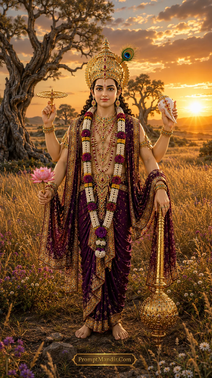 Lord Vishnu standing in a golden meadow, holding a conch, discus, mace, and lotus, wearing a purple and gold outfit and a peacock feather crown.