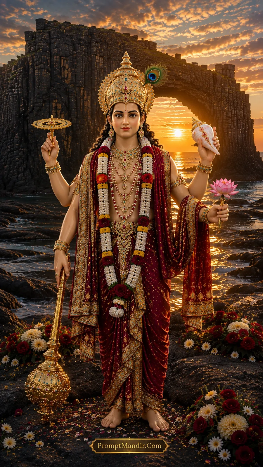 Lord Vishnu standing on a rocky ocean cliff, holding a conch, discus, mace, and lotus, wearing a maroon and gold outfit and a peacock feather crown.