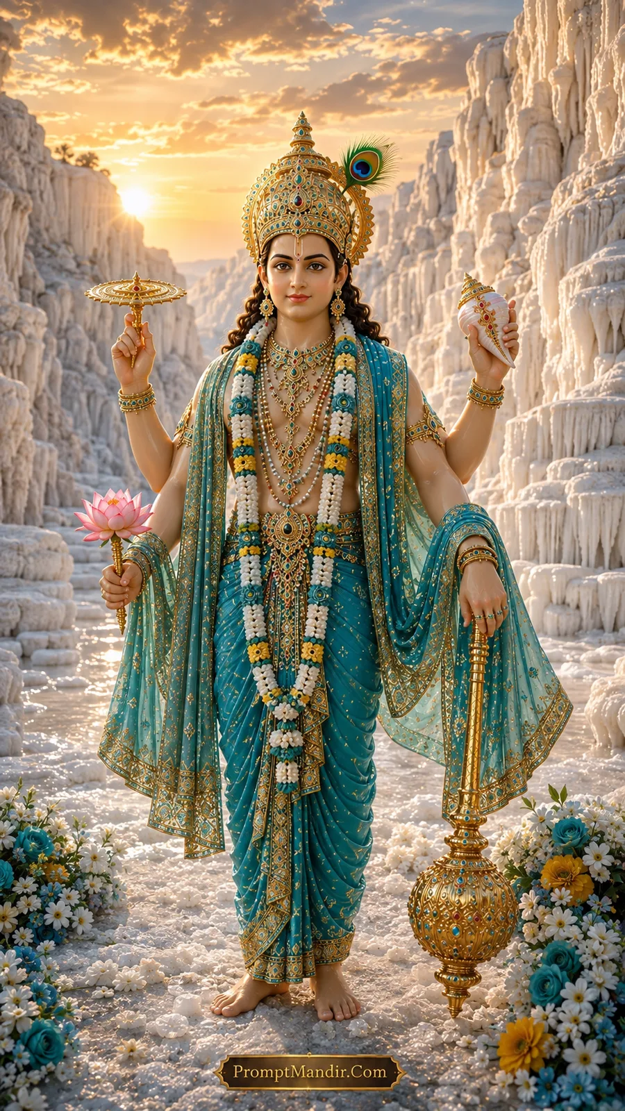 Lord Vishnu standing on a white crystalline rock formation, holding a conch, discus, mace, and lotus, wearing a white and blue outfit and a peacock feather crown.