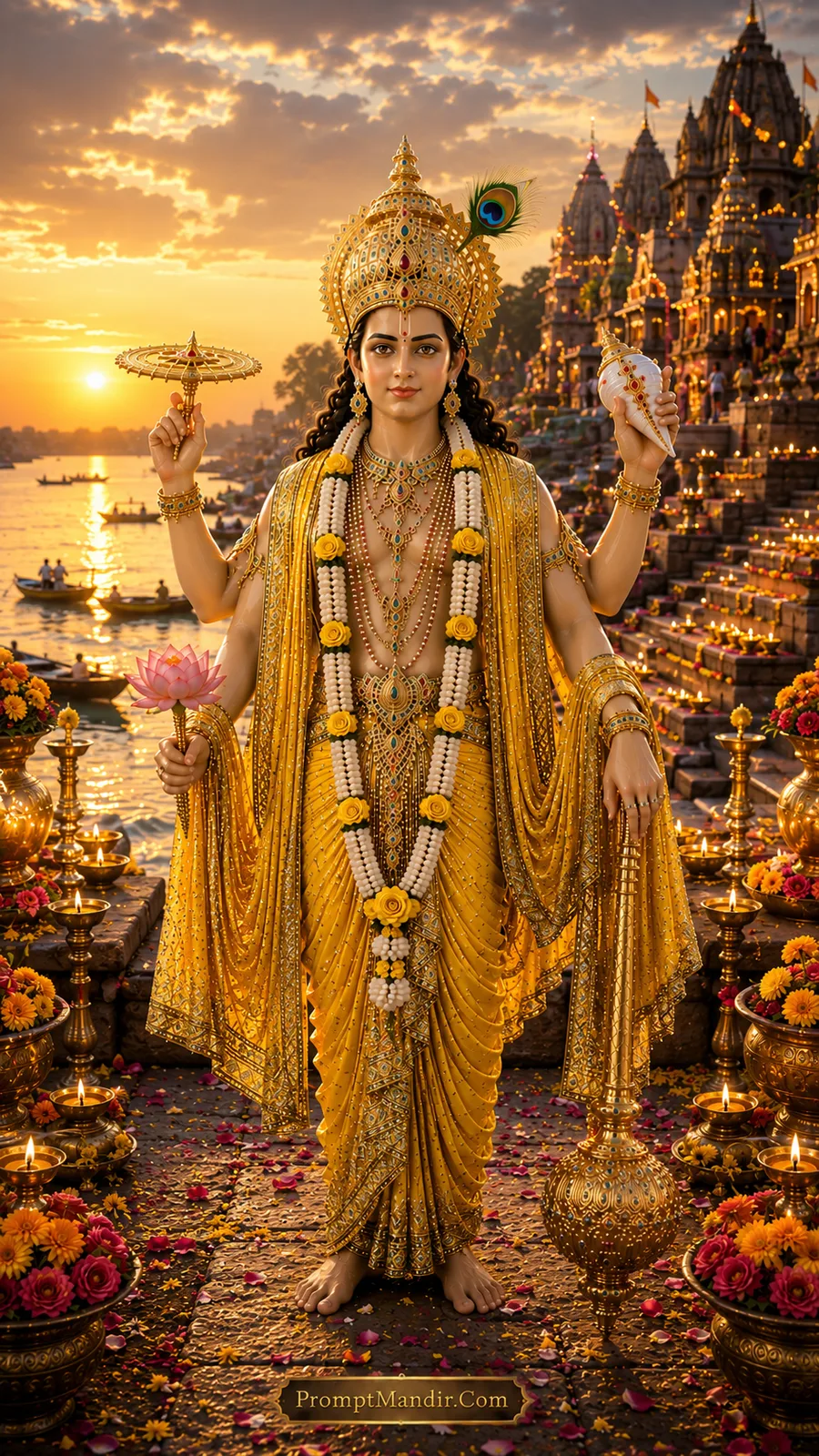 Lord Vishnu standing on the steps of a sacred river ghat, holding a conch, discus, mace, and lotus, wearing a golden yellow outfit and a peacock feather crown.