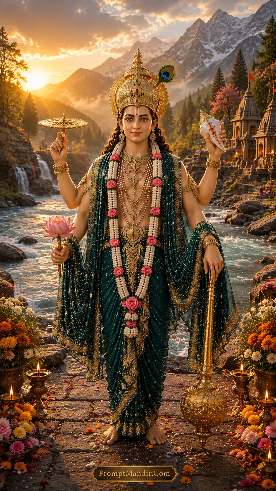 Lord Vishnu standing on a rocky mountain stream, holding a conch, discus, mace, and lotus, wearing a dark green and gold outfit and a peacock feather crown.