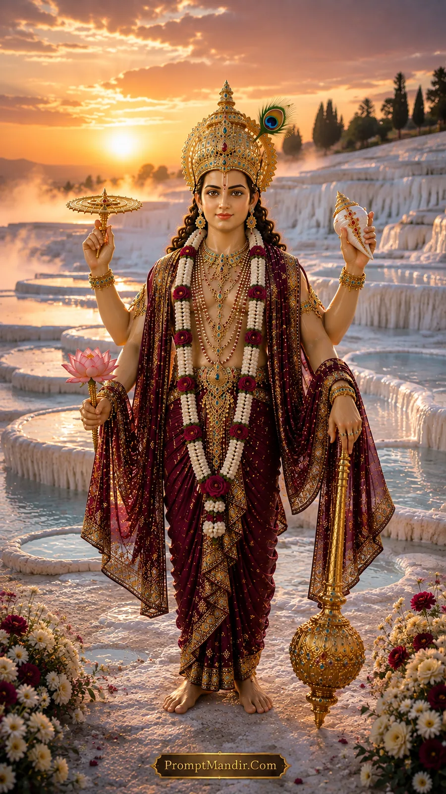 Lord Vishnu standing on white travertine terraces, holding a conch, discus, mace, and lotus, wearing a maroon and black outfit and a peacock feather crown.