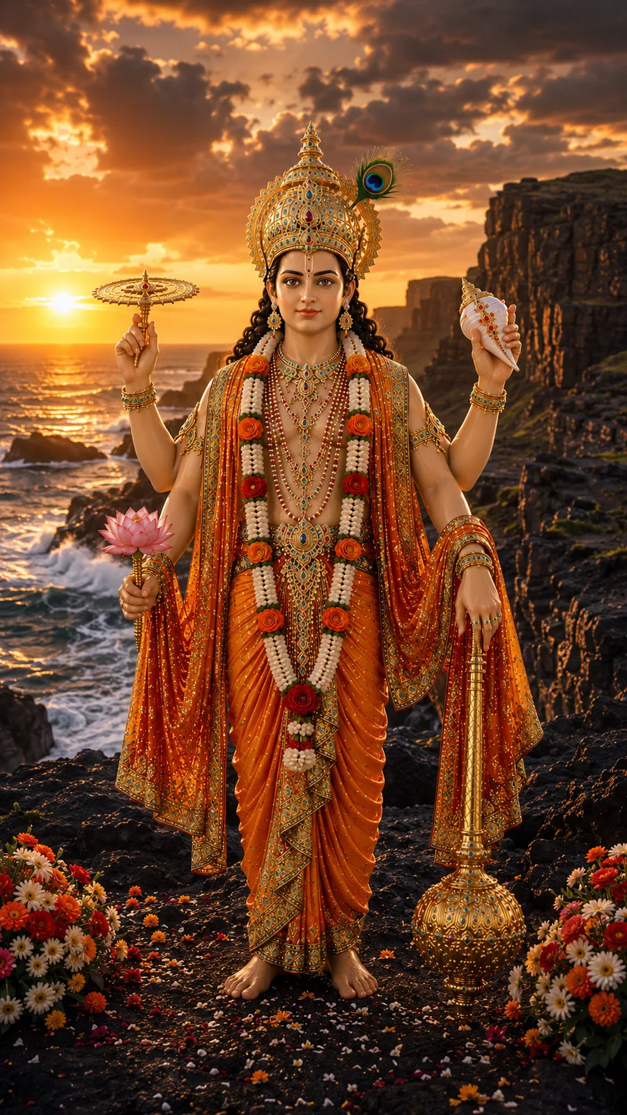 Lord Vishnu standing on a dark ocean cliff, holding a conch, discus, mace, and lotus, wearing an orange and gold outfit and a peacock feather crown.