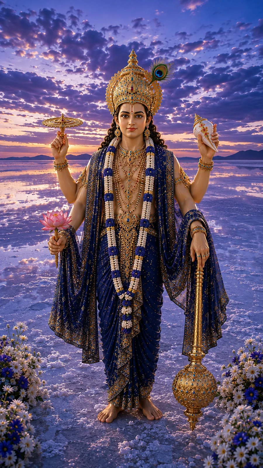 Lord Vishnu standing on a white salt flat, holding a conch, discus, mace, and lotus, wearing a dark blue and gold outfit and a peacock feather crown.
