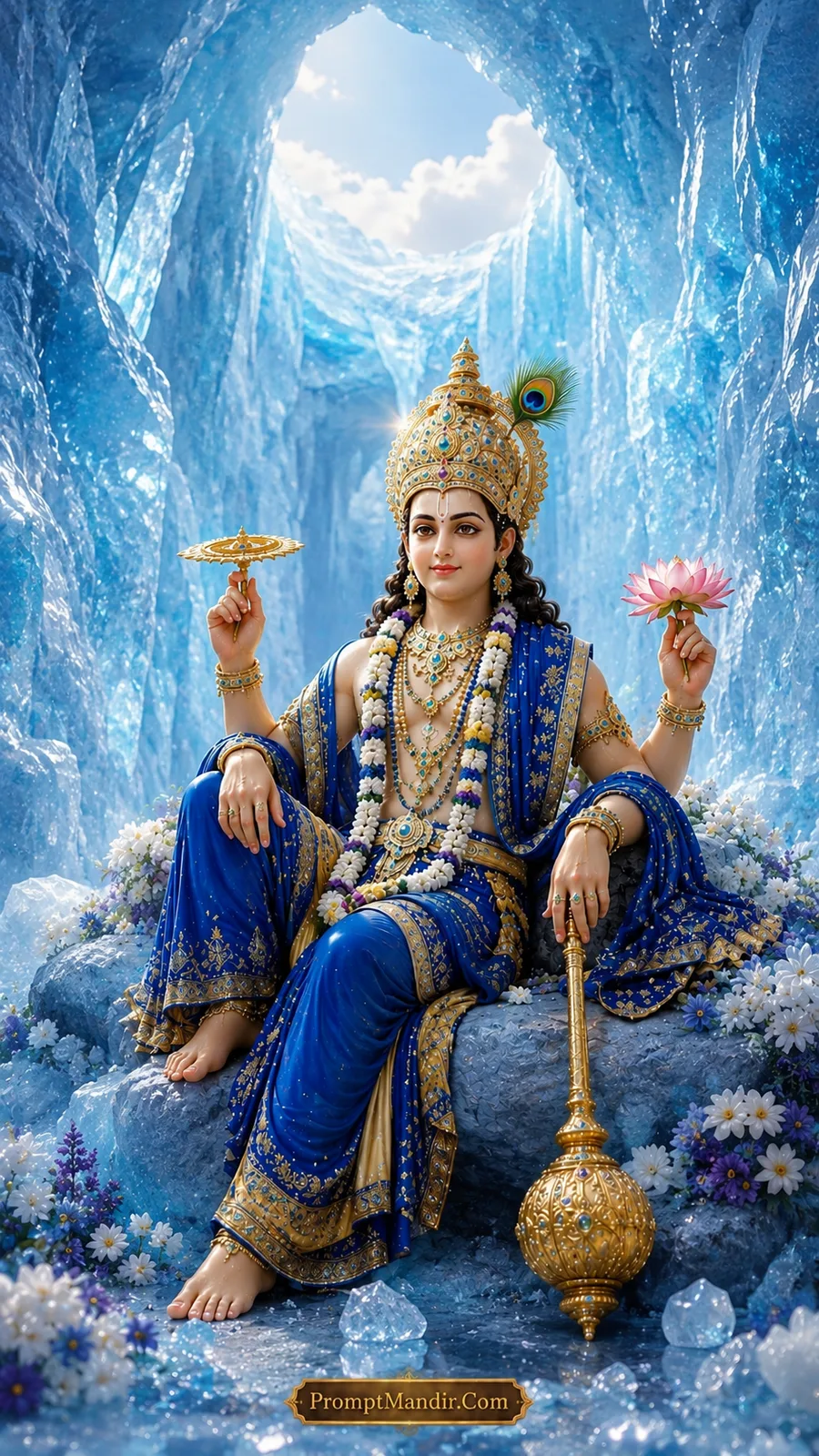 Lord Vishnu seated on a rock inside a blue ice cave, holding a conch, discus, mace, and lotus, wearing a blue and gold outfit and a peacock feather crown.