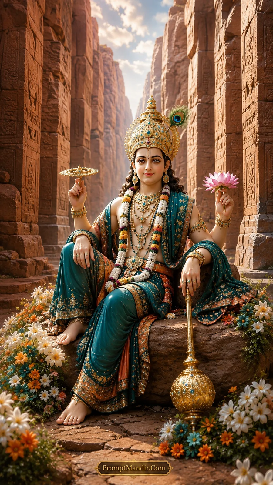 Lord Vishnu seated on a rock among ancient red stone pillars, holding a conch, discus, mace, and lotus, wearing a teal and gold outfit and a peacock feather crown.