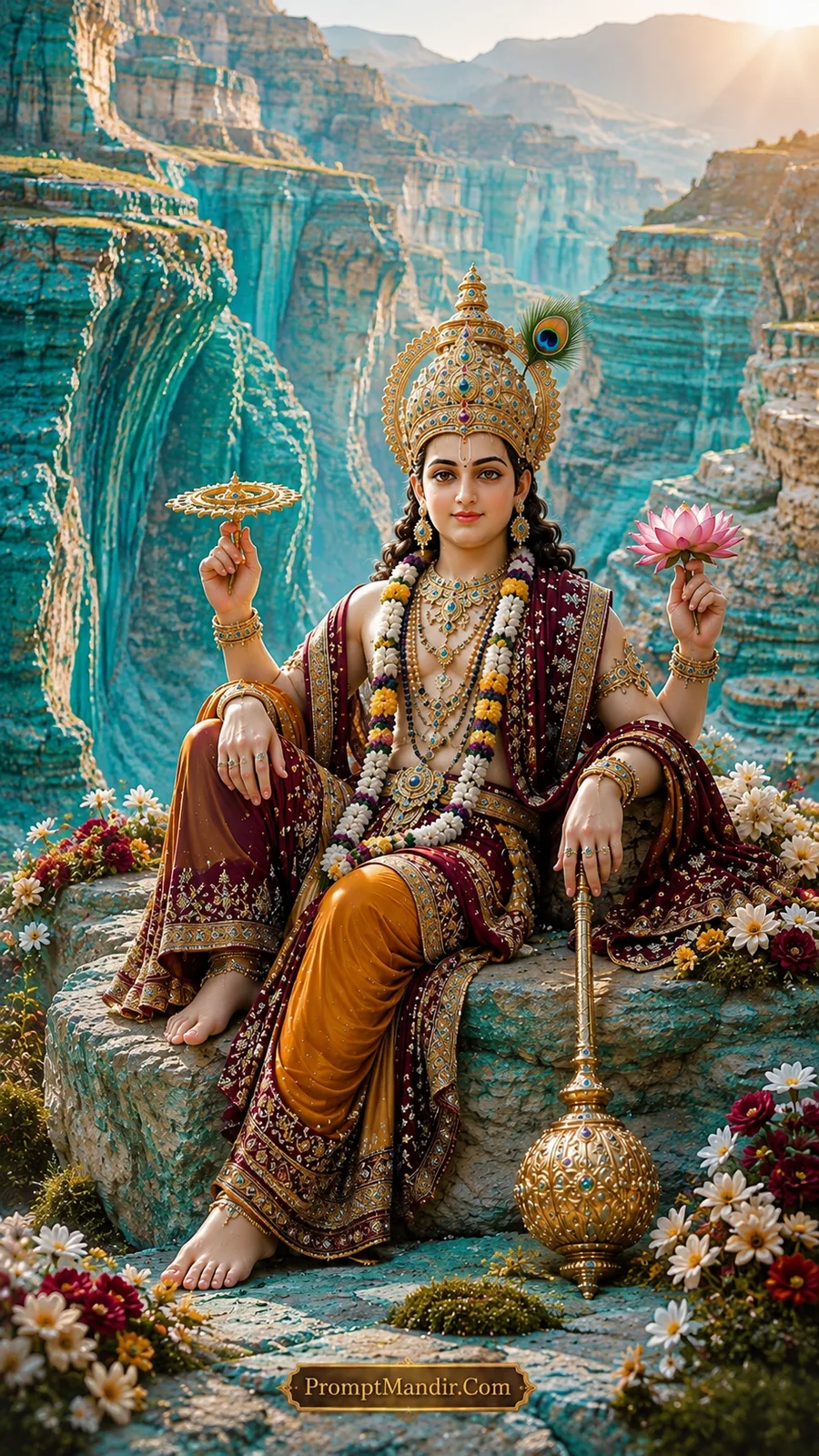 Lord Vishnu seated on a rock in a blue canyon, holding a conch, discus, mace, and lotus, wearing a maroon and yellow outfit and a peacock feather crown.