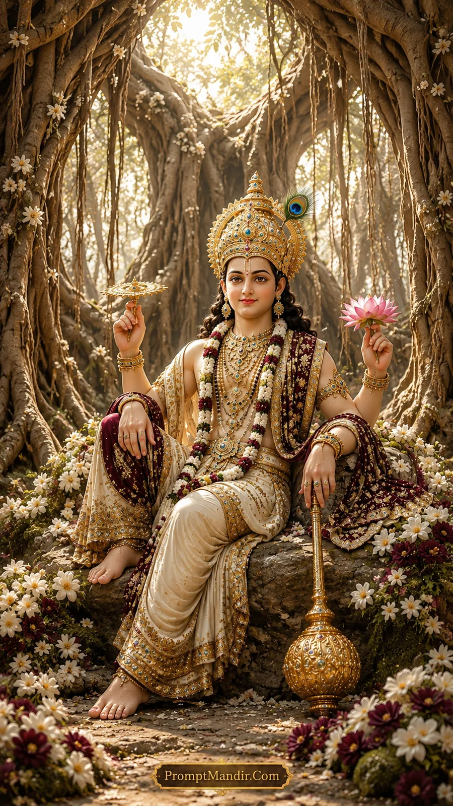 Lord Vishnu seated on a rock under a giant banyan tree, holding a conch, discus, mace, and lotus, wearing a white and maroon outfit and a peacock feather crown.