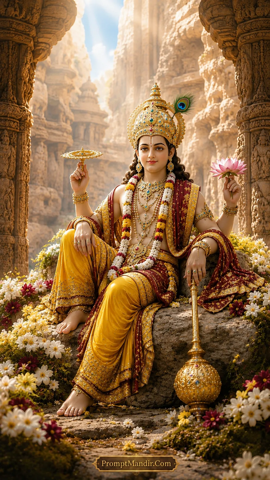 Lord Vishnu seated on a rock among ancient golden stone pillars, holding a conch, discus, mace, and lotus, wearing a yellow and maroon outfit and a peacock feather crown.
