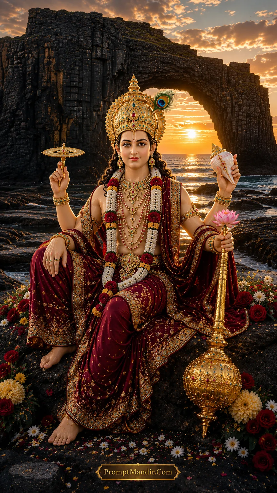 Lord Vishnu seated on a dark ocean cliff, holding a conch, discus, mace, and lotus, wearing a maroon and gold outfit and a peacock feather crown.