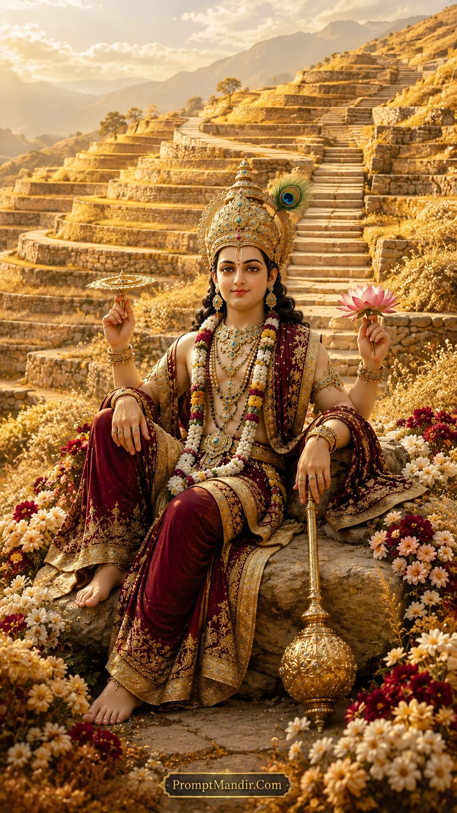 Lord Vishnu seated on a rock at the base of terraced hills, holding a conch, discus, mace, and lotus, wearing a maroon and gold outfit and a peacock feather crown.