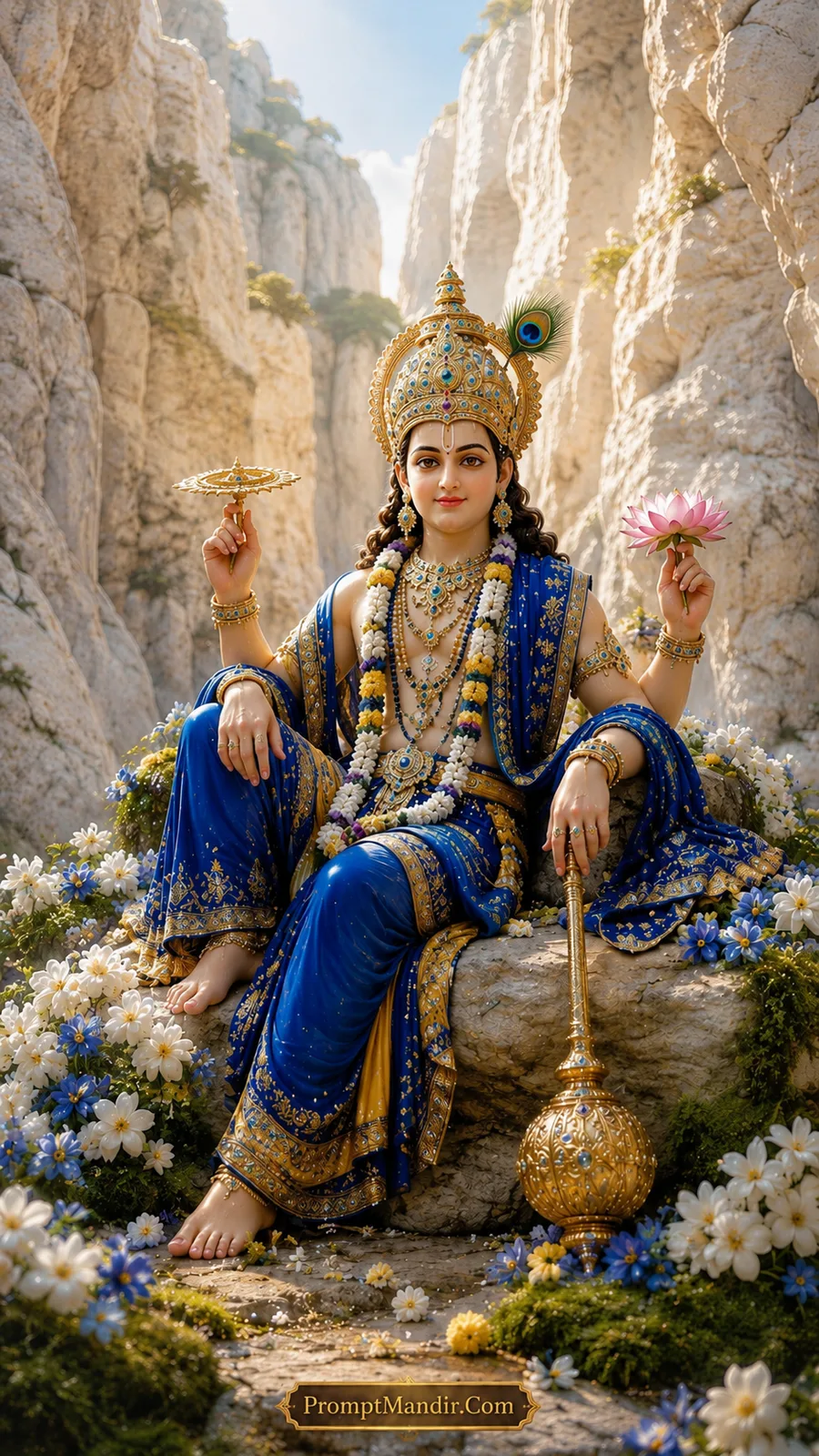 Lord Vishnu seated on a rock in a white canyon, holding a conch, discus, mace, and lotus, wearing a blue and gold outfit and a peacock feather crown.