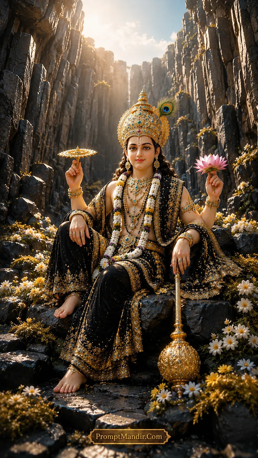 Lord Vishnu seated on a rock in a black canyon, holding a conch, discus, mace, and lotus, wearing a black and gold outfit and a peacock feather crown.Lord Vishnu seated on a rock in a black canyon, holding a conch, discus, mace, and lotus, wearing a black and gold outfit and a peacock feather crown.