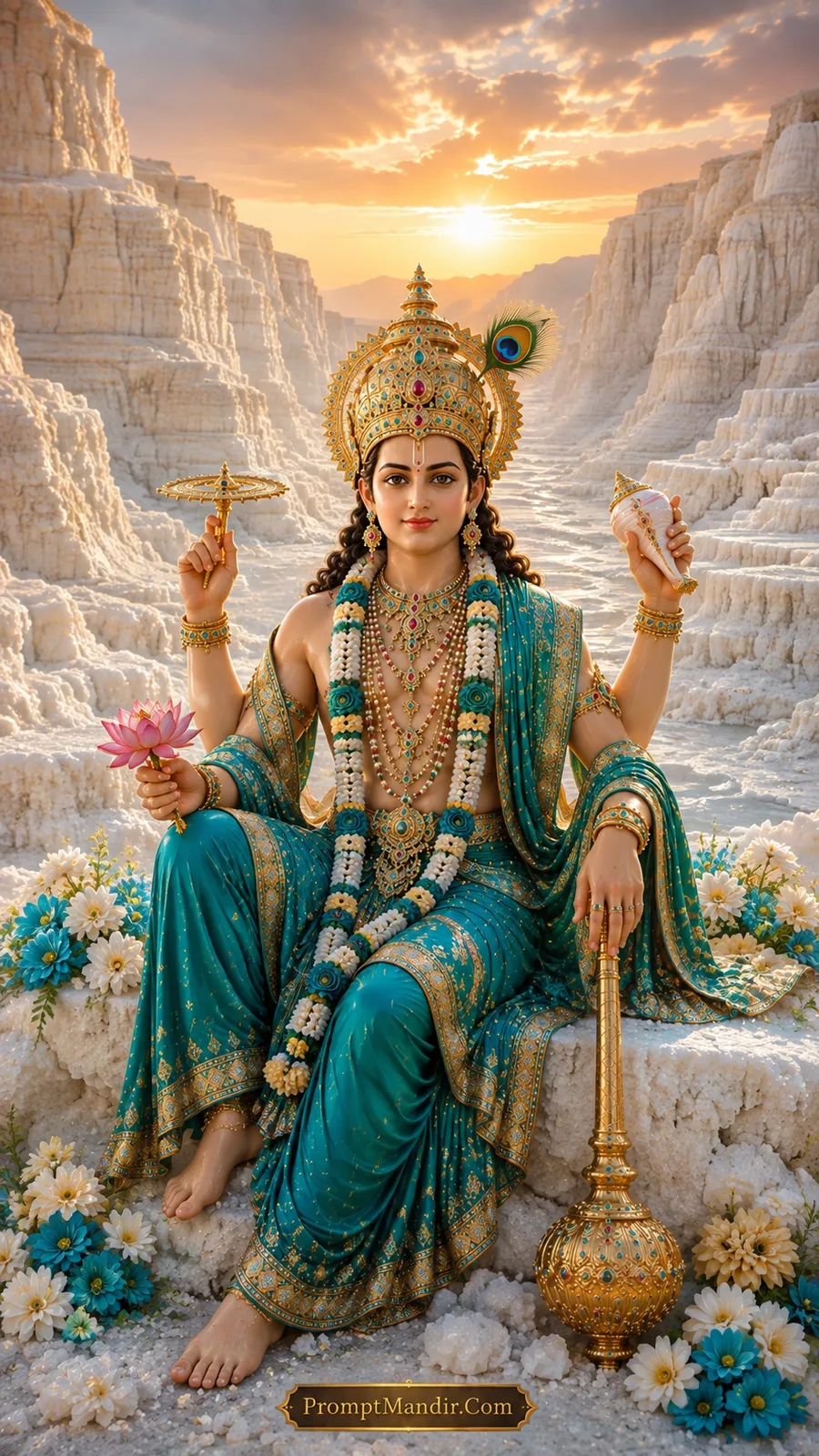 Lord Vishnu seated on a rock on a white salt flat, holding a conch, discus, mace, and lotus, wearing a teal and gold outfit and a peacock feather crown.