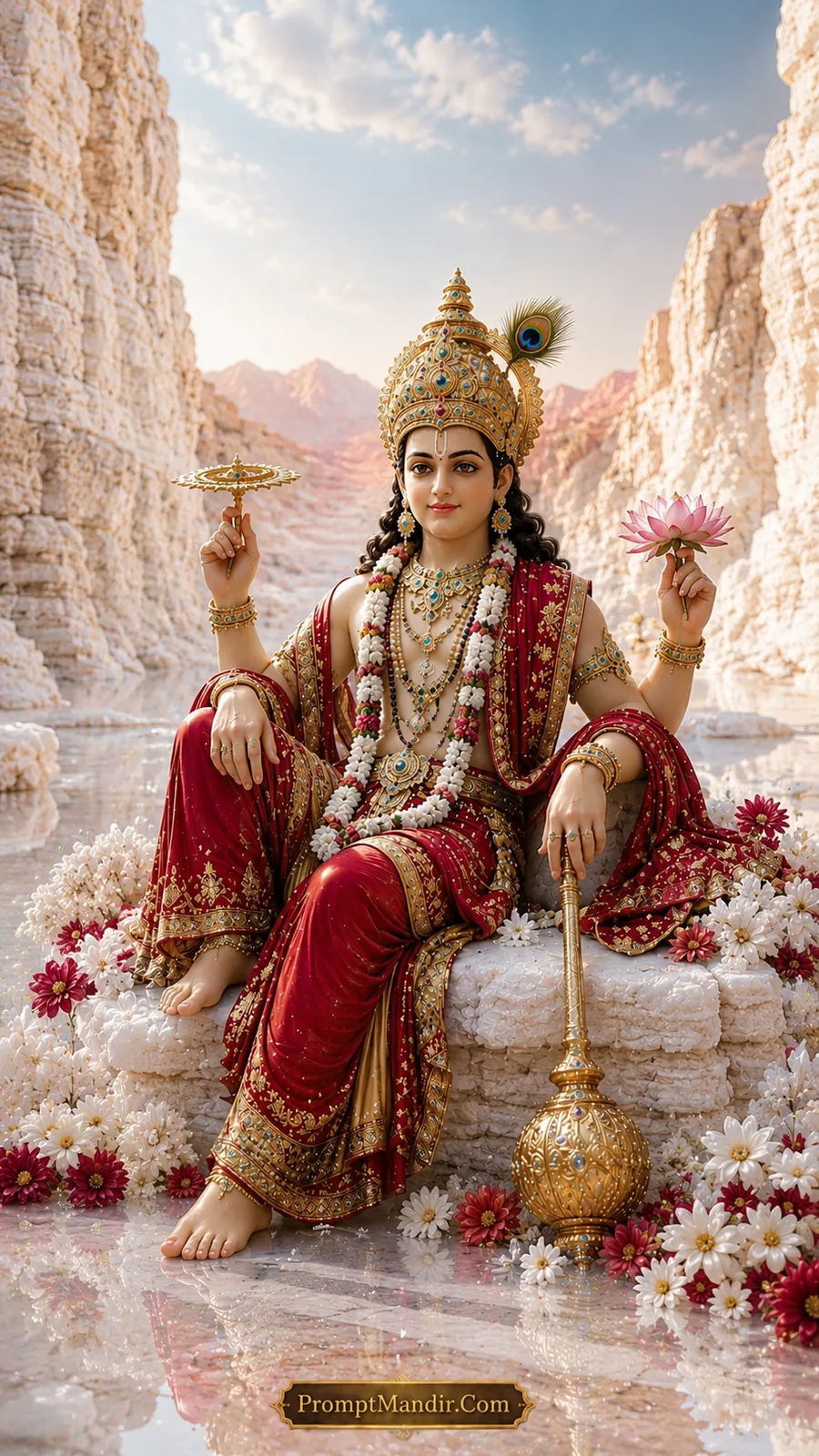 Lord Vishnu seated on a rock in a white canyon, holding a conch, discus, mace, and lotus, wearing a red and gold outfit and a peacock feather crown.