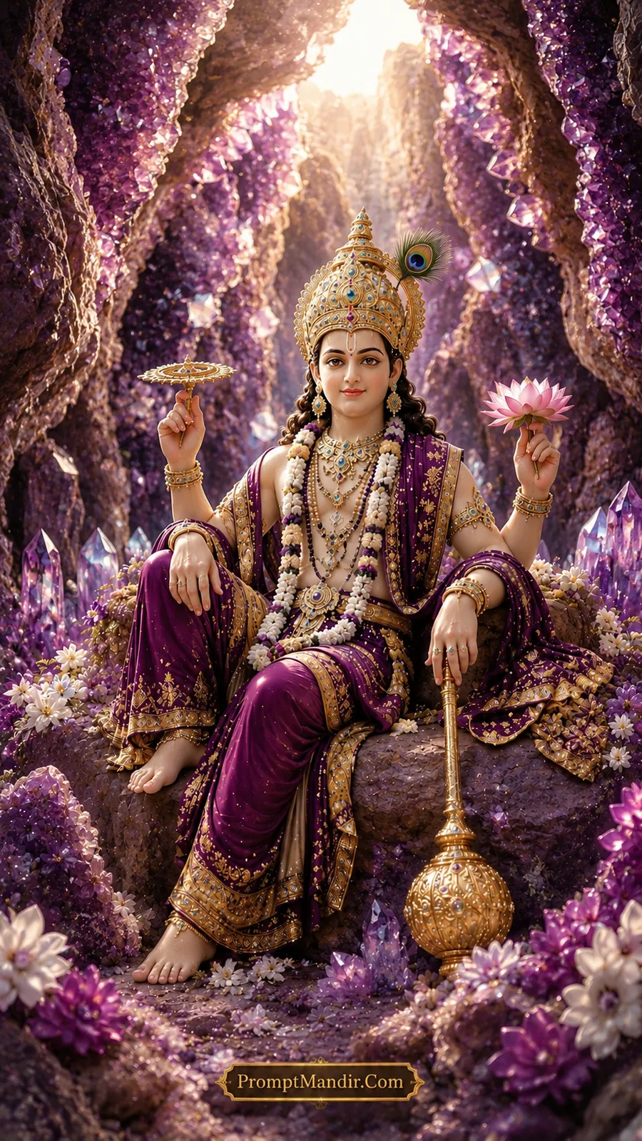 Lord Vishnu seated on a rock inside a purple crystal cave, holding a conch, discus, mace, and lotus, wearing a purple and gold outfit and a peacock feather crown.