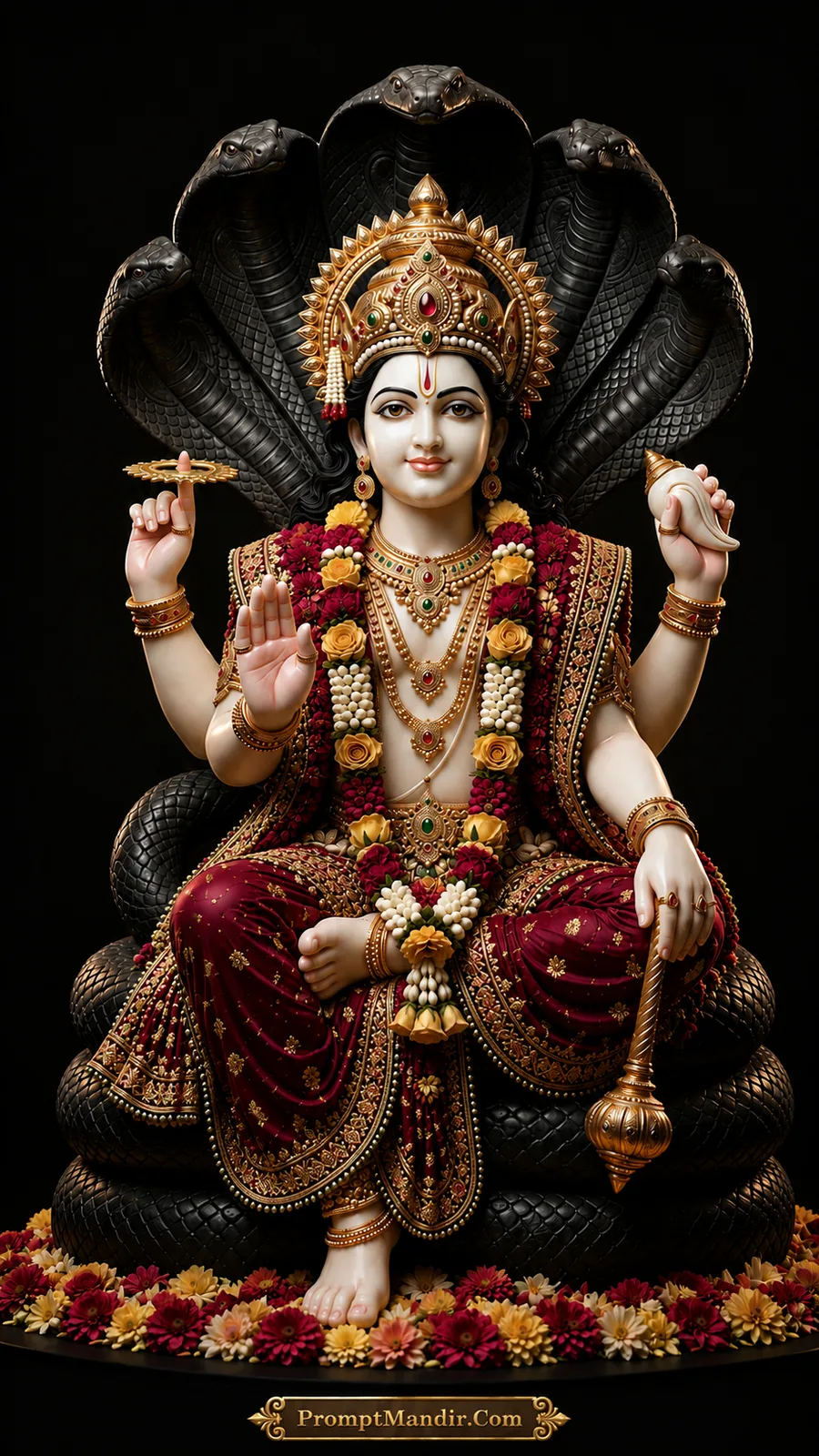 Lord Vishnu seated on the coiled Shesha Naag, holding a conch, discus, mace, and lotus, wearing a maroon and gold outfit with a peacock feather crown.