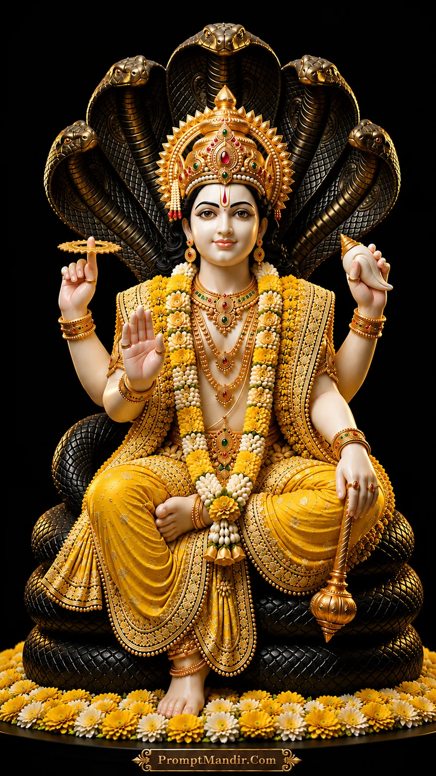 Lord Vishnu seated on the coiled Shesha Naag, holding a conch, discus, mace, and lotus, wearing a yellow and gold outfit with a peacock feather crown.