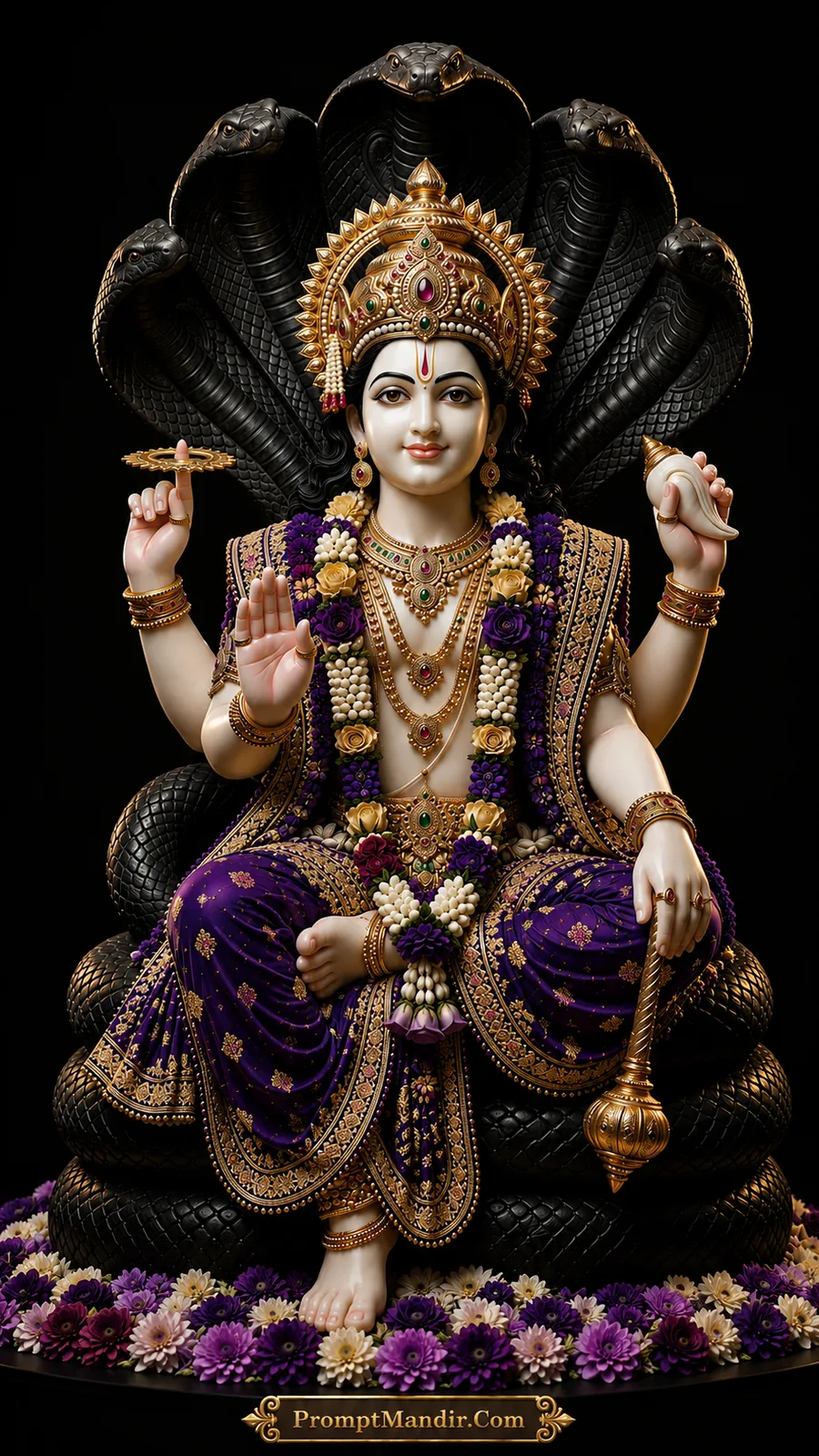 Lord Vishnu seated on the coiled Shesha Naag, holding a conch, discus, mace, and lotus, wearing a purple and gold outfit with a peacock feather crown.