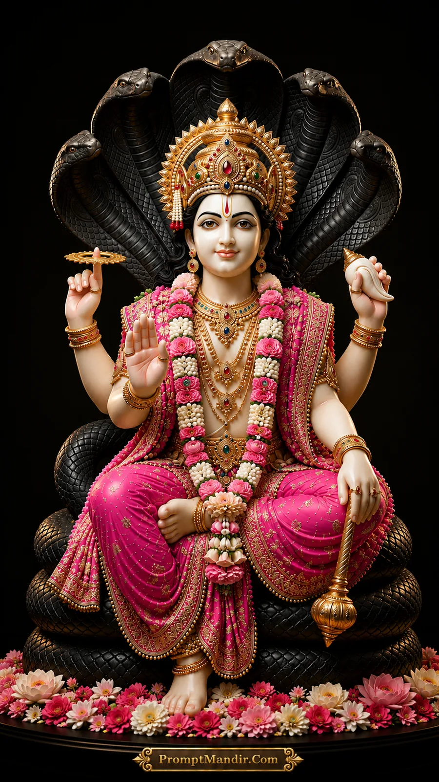Lord Vishnu seated on the coiled Shesha Naag, holding a conch, discus, mace, and lotus, wearing a pink and gold outfit with a peacock feather crown.