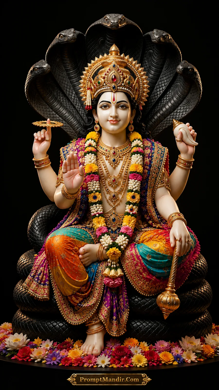 Lord Vishnu seated on the coiled Shesha Naag, holding a conch, discus, mace, and lotus, wearing a multicolored outfit with a peacock feather crown.