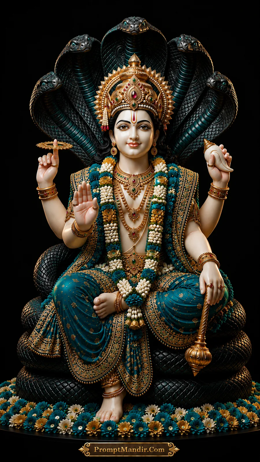 Lord Vishnu seated on the coiled Shesha Naag, holding a conch, discus, mace, and lotus, wearing a teal and gold outfit with a peacock feather crown.