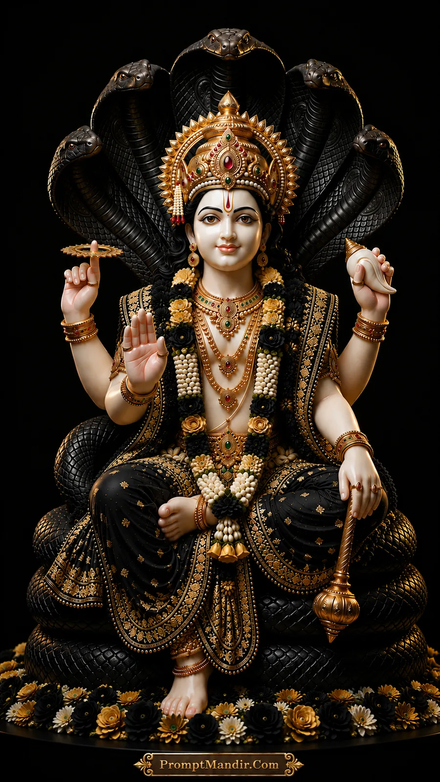Lord Vishnu seated on the coiled Shesha Naag, holding a conch, discus, mace, and lotus, wearing a black and gold outfit with a peacock feather crown.