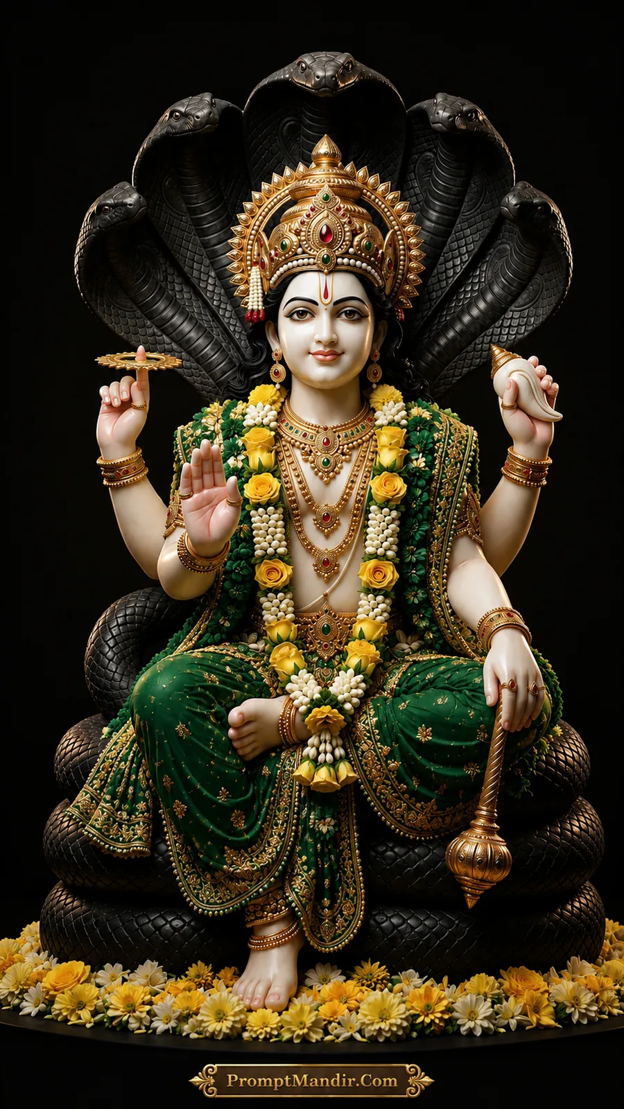 Lord Vishnu seated on the coiled Shesha Naag, holding a conch, discus, mace, and lotus, wearing a green and gold outfit with a peacock feather crown.
