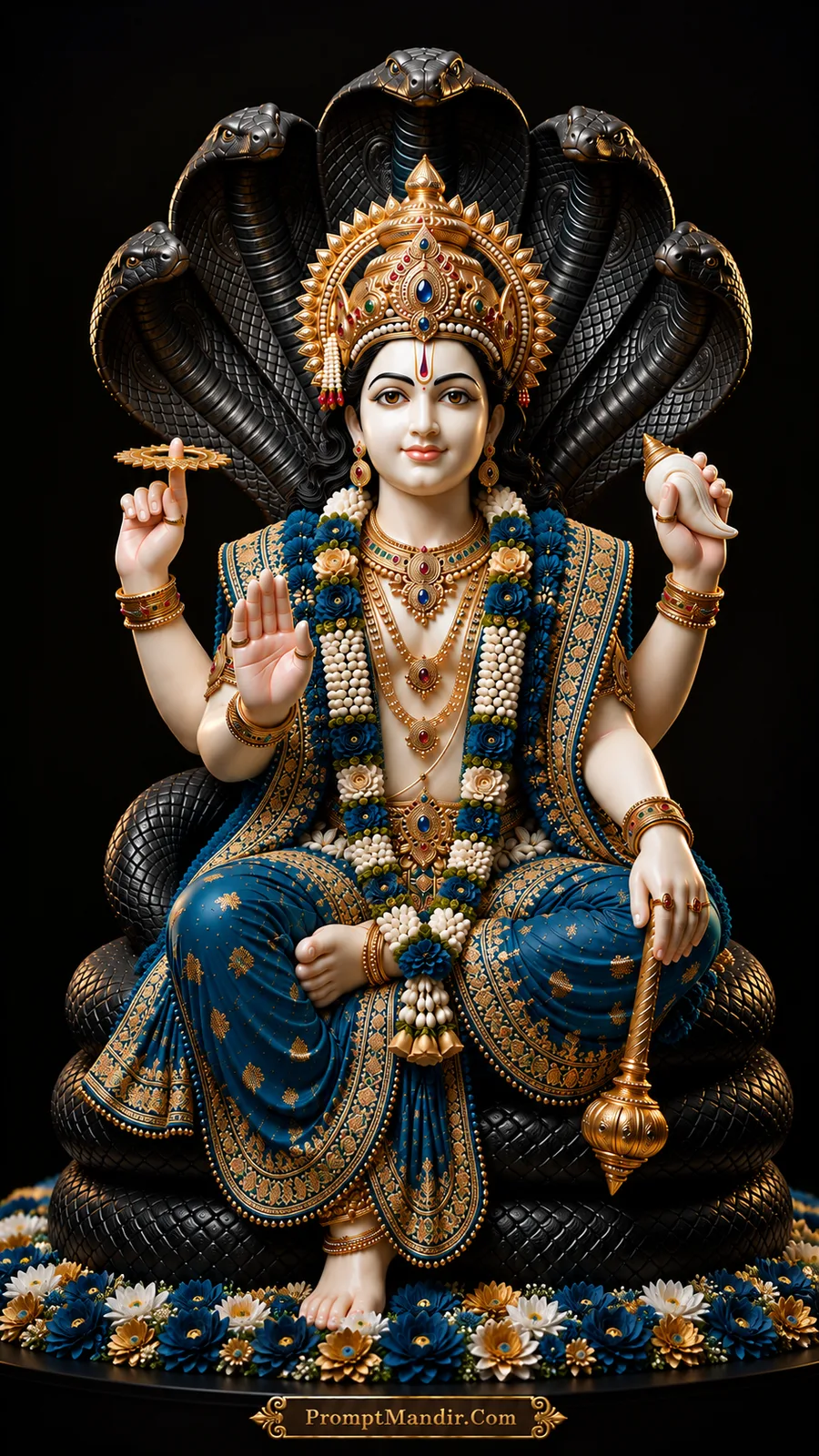 Lord Vishnu seated on the coiled Shesha Naag, holding a conch, discus, mace, and lotus, wearing a deep blue and gold outfit with a peacock feather crown.