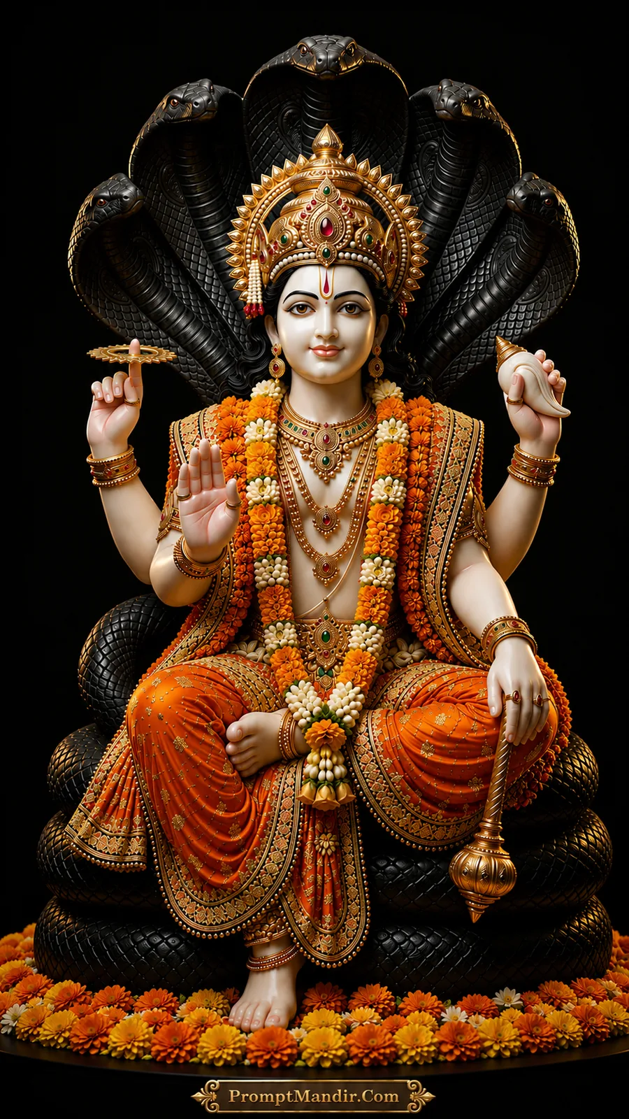 Lord Vishnu seated on the coiled Shesha Naag, holding a conch, discus, mace, and lotus, wearing an orange and gold outfit with a peacock feather crown.