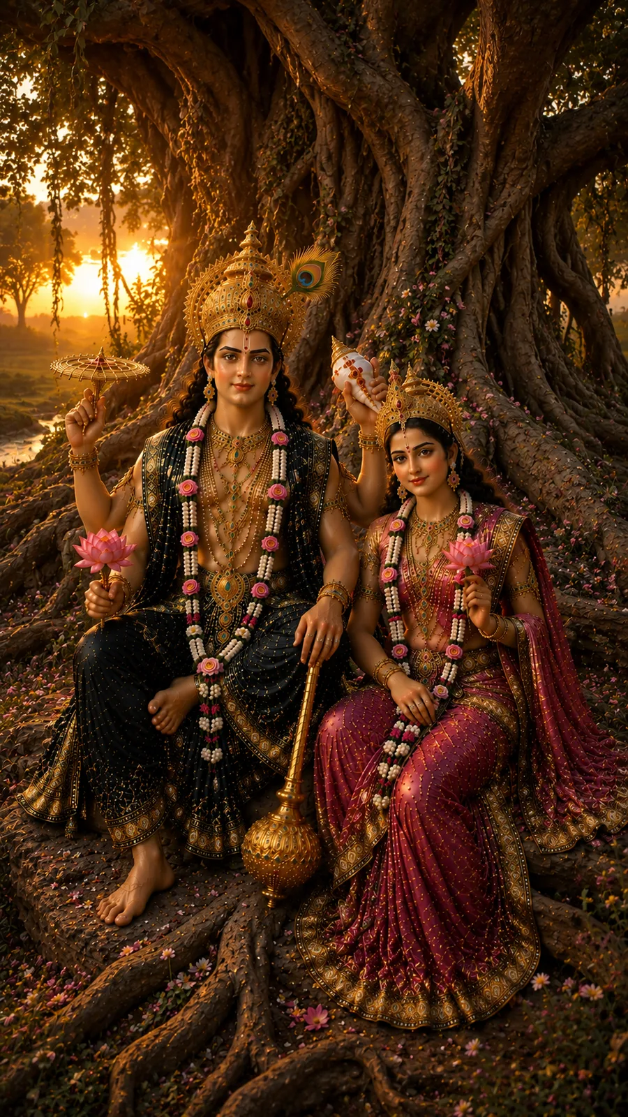 Lord Vishnu and Goddess Lakshmi seated together under a giant banyan tree, holding lotus flowers, wearing black and maroon outfits and peacock feather crowns.