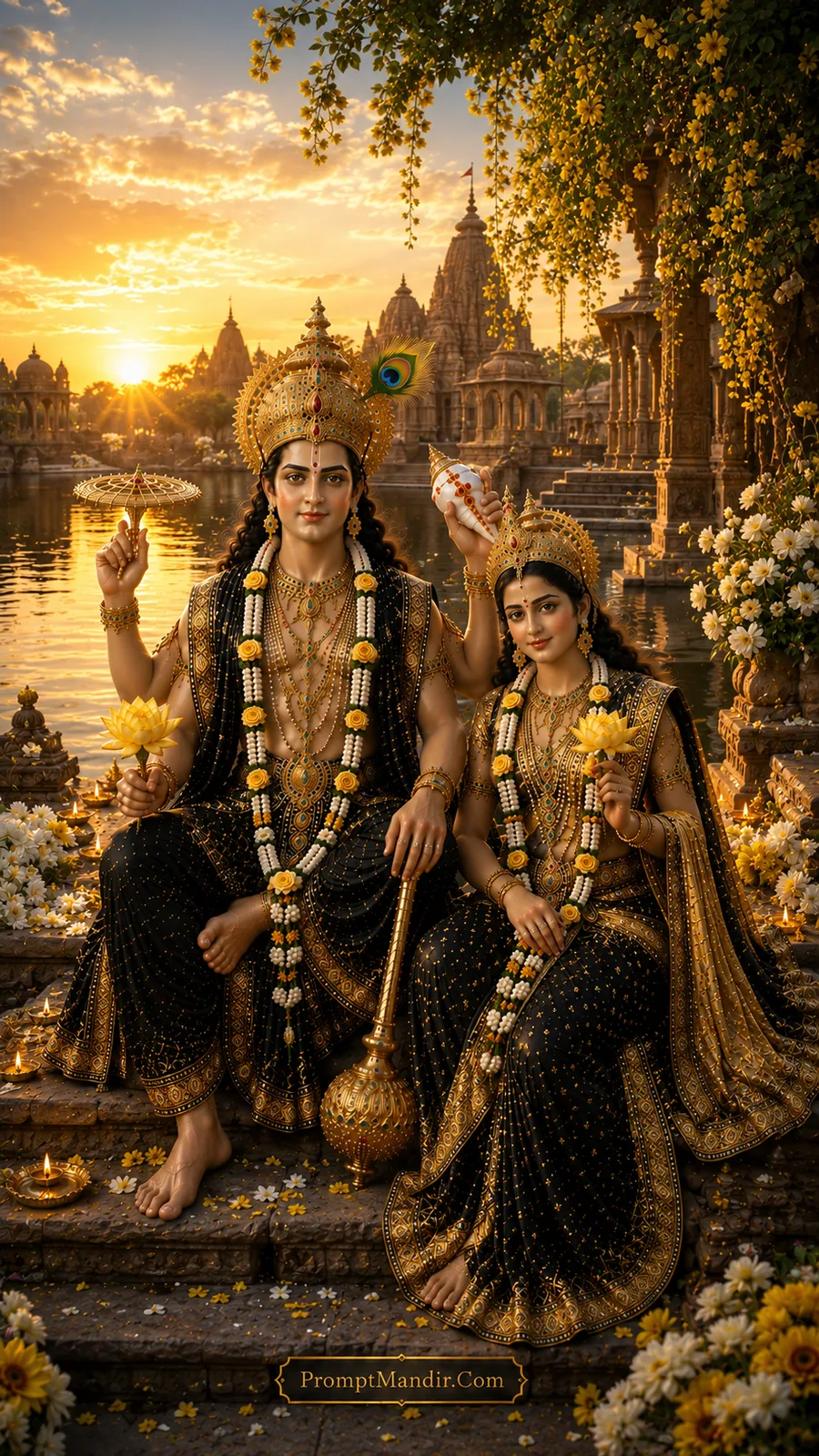 Lord Vishnu and Goddess Lakshmi seated together on the steps of a sacred river ghat, holding lotus flowers, wearing black and gold outfits and peacock feather crowns.