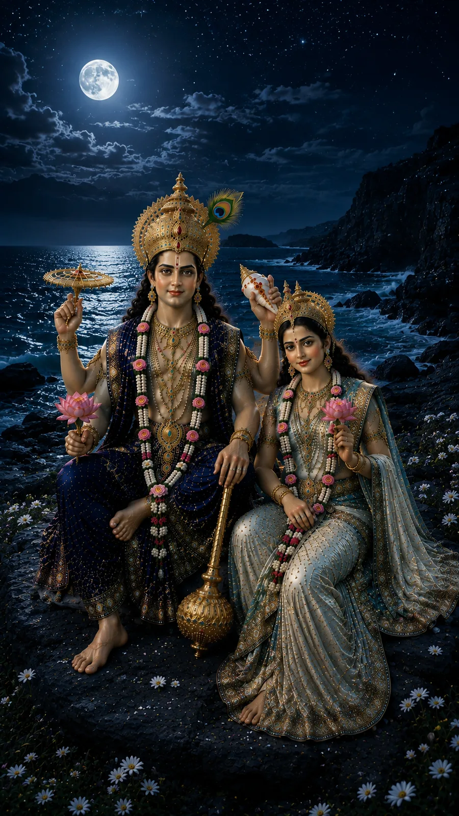 Lord Vishnu and Goddess Lakshmi seated together on a rocky ocean cliff under a full moon, holding lotus flowers, wearing blue and silver outfits and peacock feather crowns.