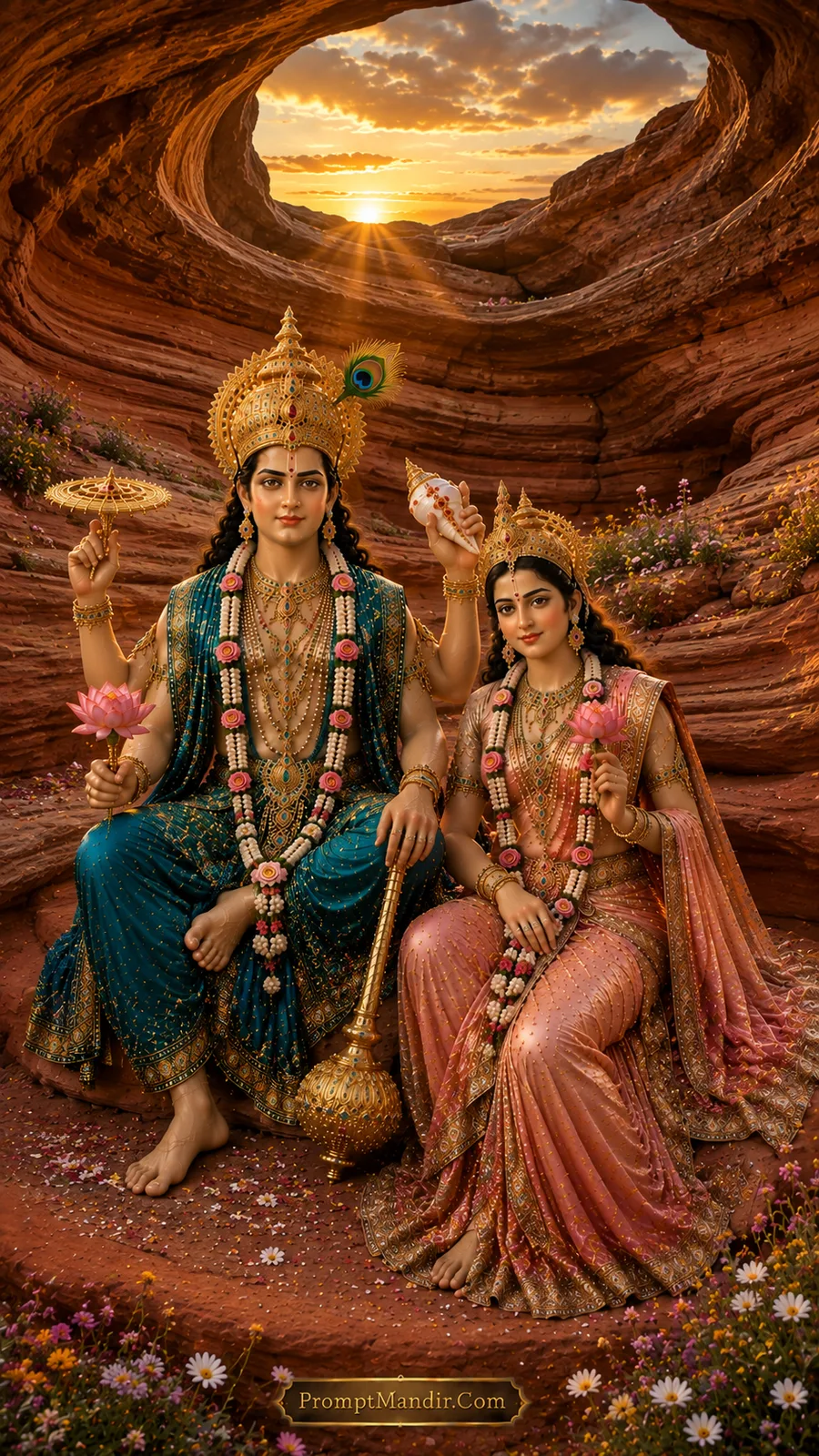 Lord Vishnu and Goddess Lakshmi seated together in a red rock canyon, holding lotus flowers, wearing teal and peach outfits and peacock feather crowns.