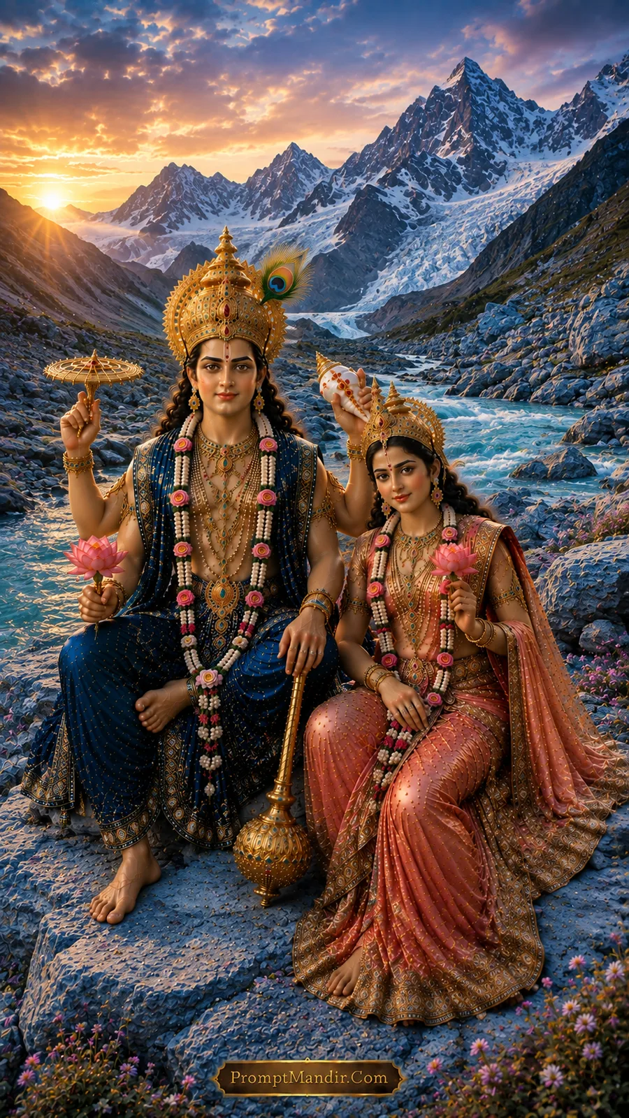 Lord Vishnu and Goddess Lakshmi seated together on a snowy mountain cliff, holding lotus flowers, wearing blue and peach outfits and peacock feather crowns.
