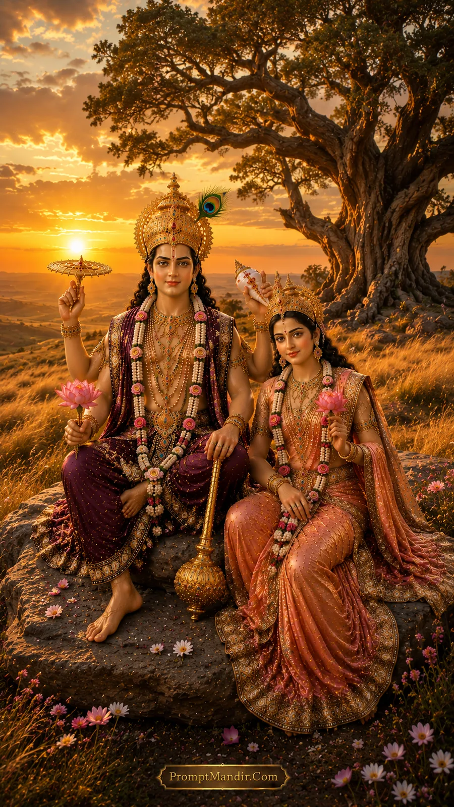 Lord Vishnu and Goddess Lakshmi seated together on a golden hilltop, holding lotus flowers, wearing purple and peach outfits and peacock feather crowns.