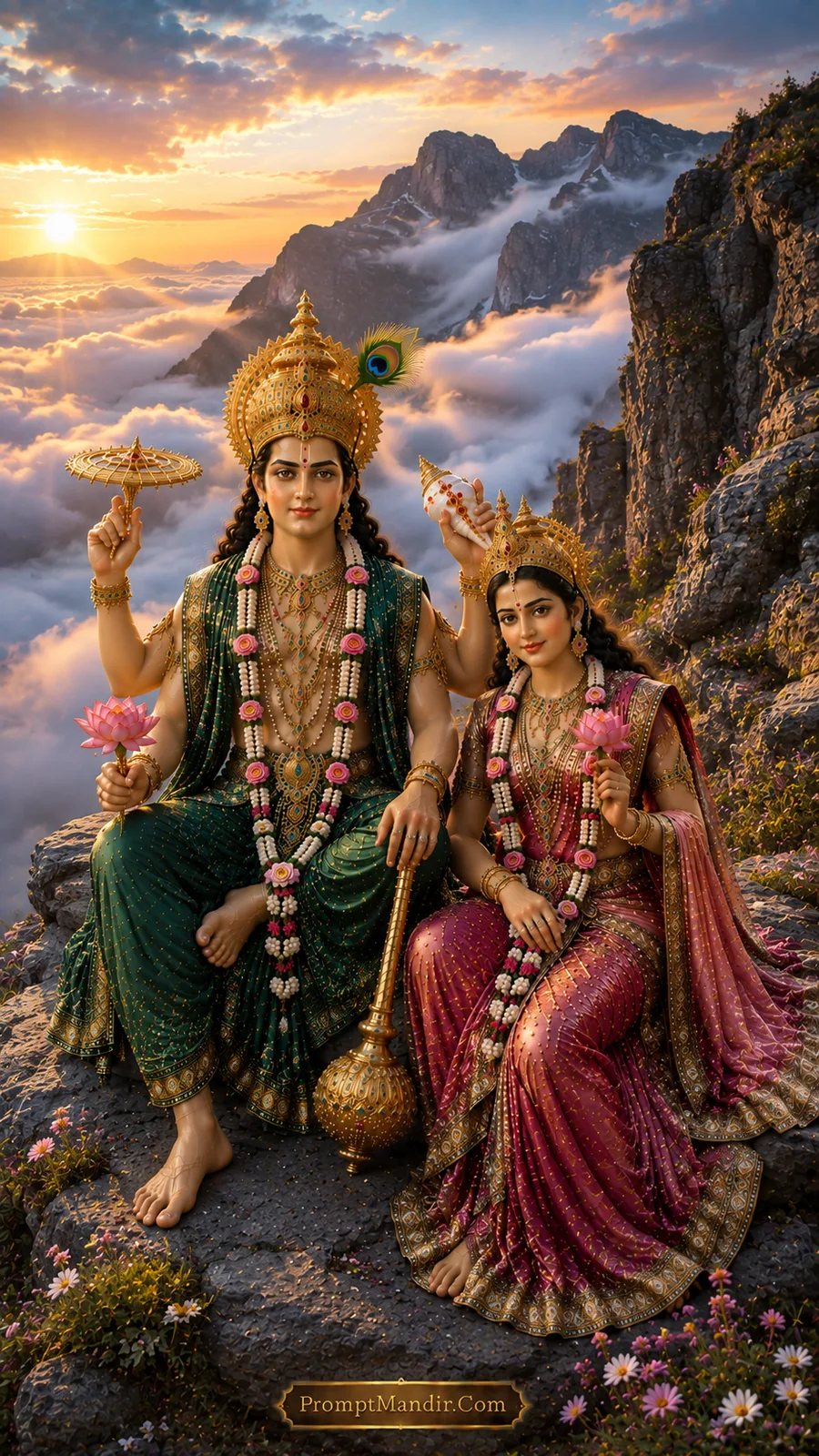 Lord Vishnu and Goddess Lakshmi seated together on a mountain above the clouds, holding lotus flowers, wearing green and maroon outfits and peacock feather crowns.