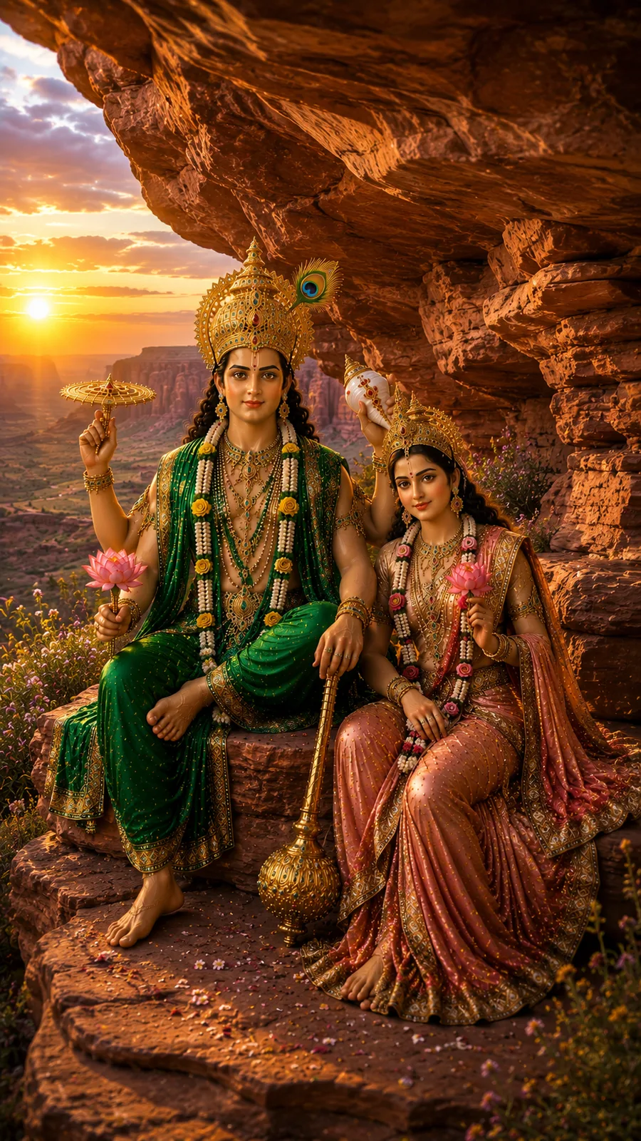 Lord Vishnu and Goddess Lakshmi seated together on red rock formations, holding lotus flowers, wearing green and peach outfits and peacock feather crowns.