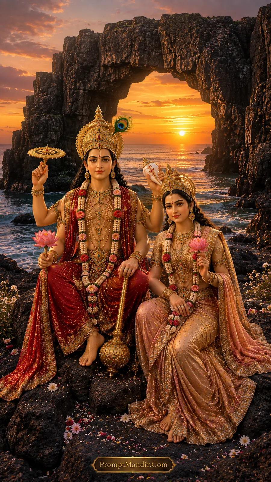 Lord Vishnu and Goddess Lakshmi seated together on a rocky ocean cliff, holding lotus flowers, wearing red and gold outfits and peacock feather crowns.