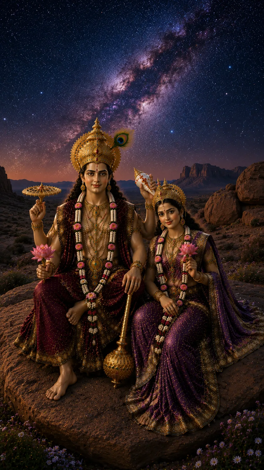 Lord Vishnu and Goddess Lakshmi seated together on a desert rock under a starry galaxy, holding lotus flowers, wearing maroon and purple outfits and peacock feather crowns.