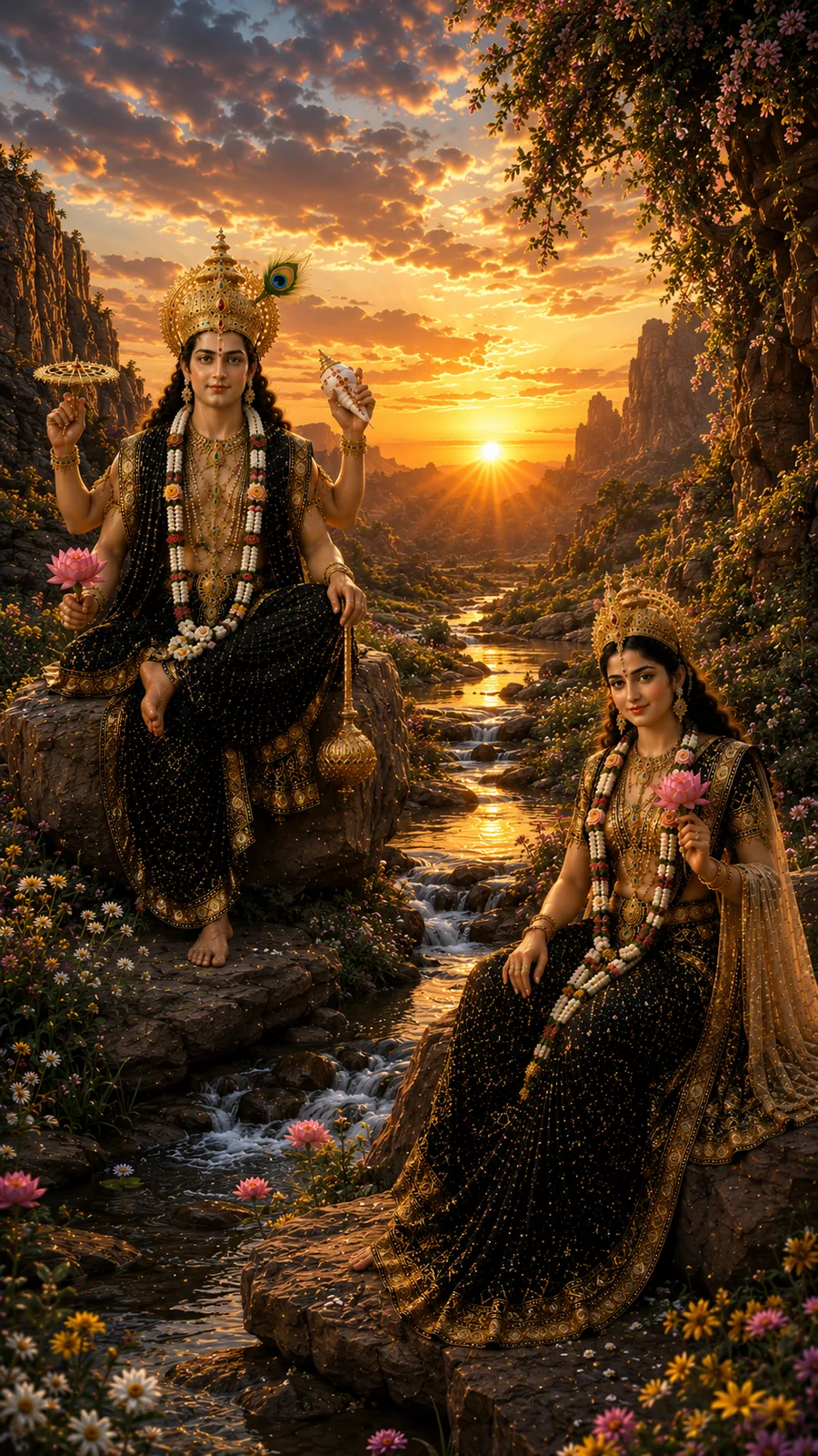 Lord Vishnu and Goddess Lakshmi seated on separate rocks by a flowing stream at sunset, holding lotus flowers, wearing black and gold outfits and peacock feather crowns.