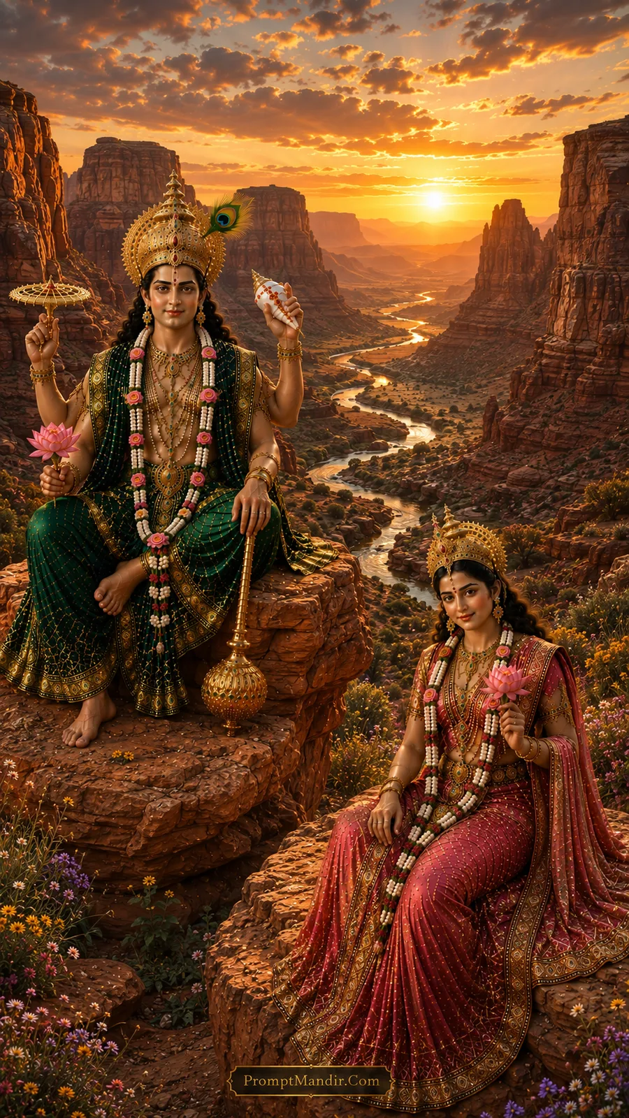 Lord Vishnu and Goddess Lakshmi seated on separate rocks above a river canyon at sunset, holding lotus flowers, wearing green and maroon outfits and peacock feather crowns.