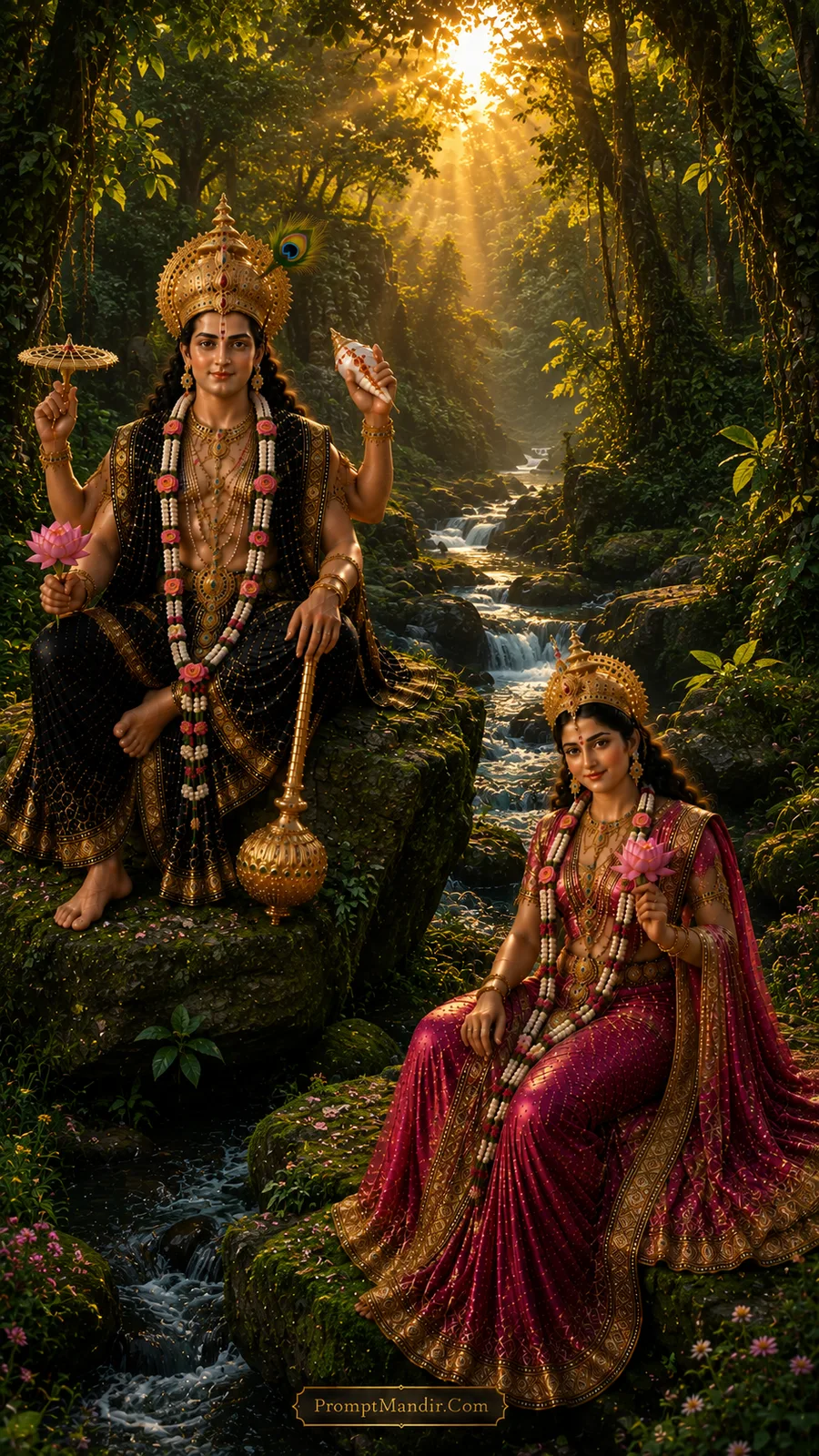 Lord Vishnu and Goddess Lakshmi seated on separate rocks in a lush green forest, holding lotus flowers, wearing black and maroon outfits and peacock feather crowns.