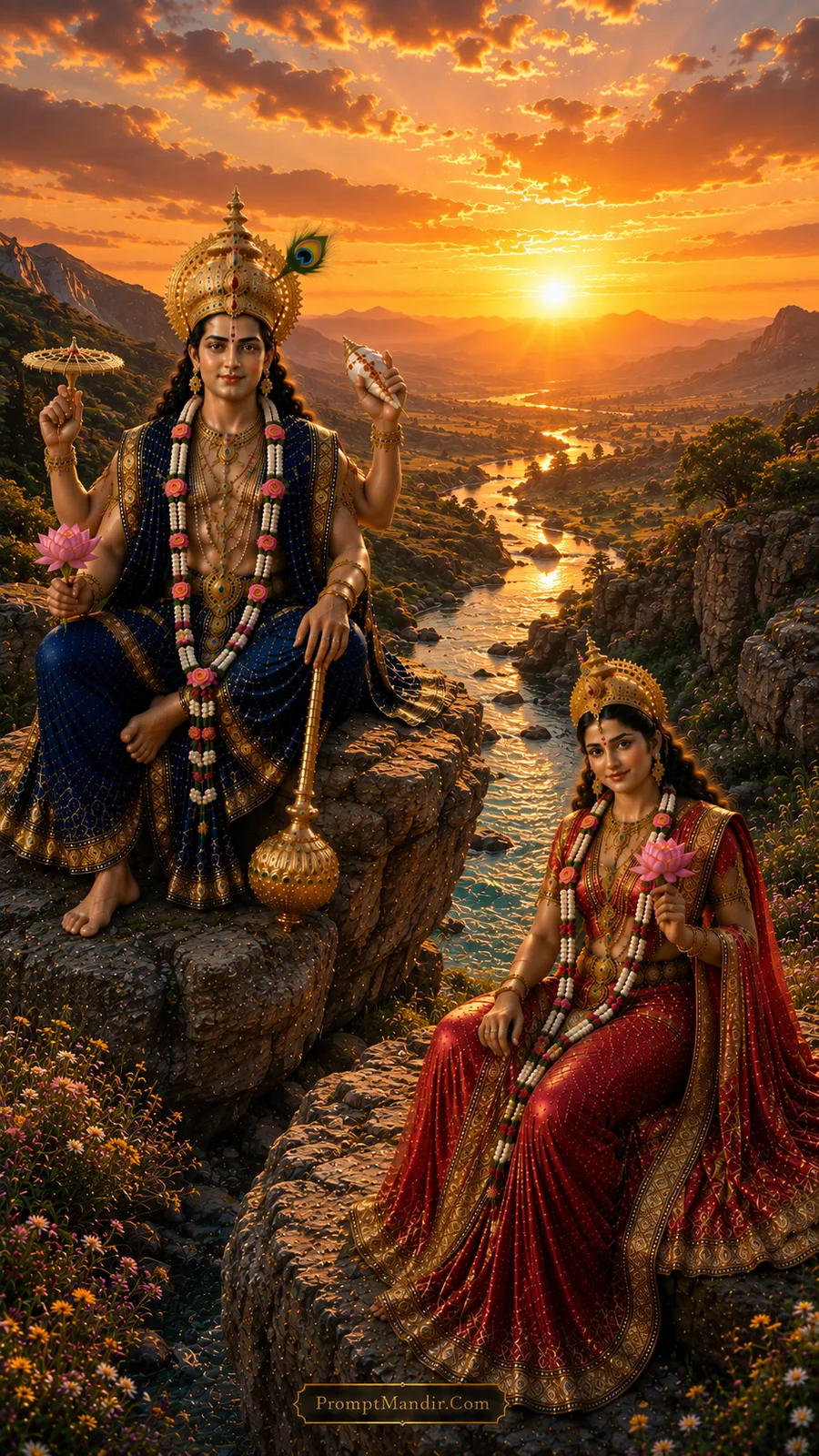 Lord Vishnu and Goddess Lakshmi seated on separate rocks above a river valley at sunset, holding lotus flowers, wearing blue and red outfits and peacock feather crowns.