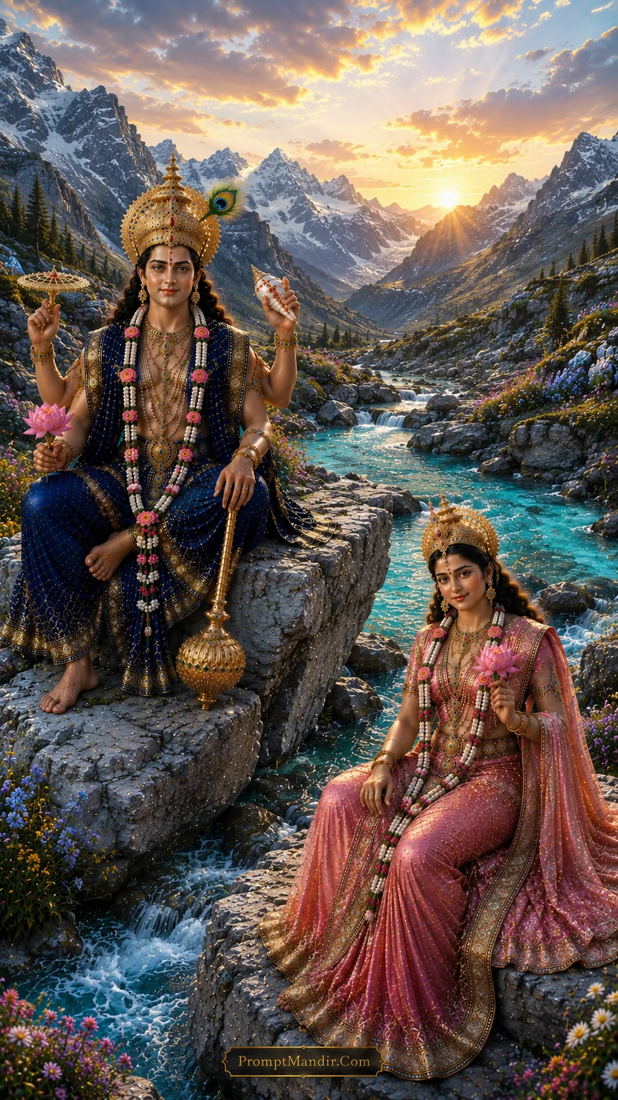Lord Vishnu and Goddess Lakshmi seated on separate rocks by a mountain river, holding lotus flowers, wearing blue and peach outfits and peacock feather crowns.