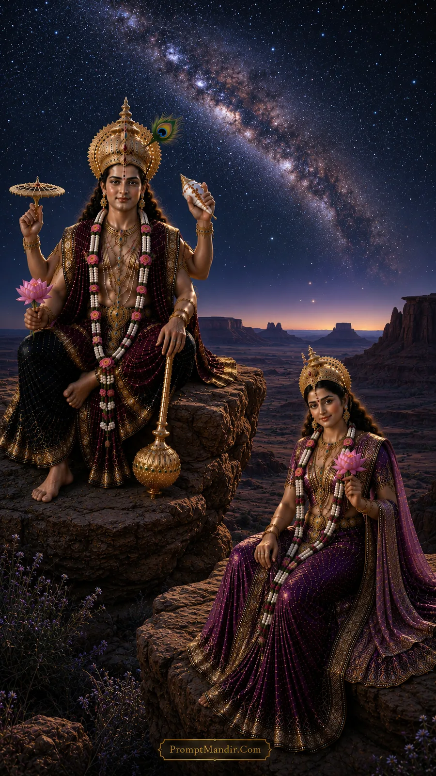 Lord Vishnu and Goddess Lakshmi seated on separate rocks under a starry galaxy, holding lotus flowers, wearing maroon and purple outfits and peacock feather crowns.