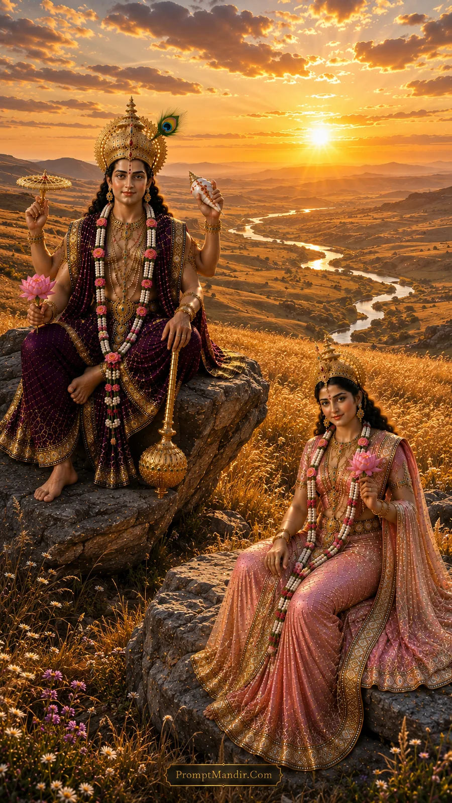 Lord Vishnu and Goddess Lakshmi seated on separate rocks in a golden wheat field, holding lotus flowers, wearing purple and peach outfits and peacock feather crowns.