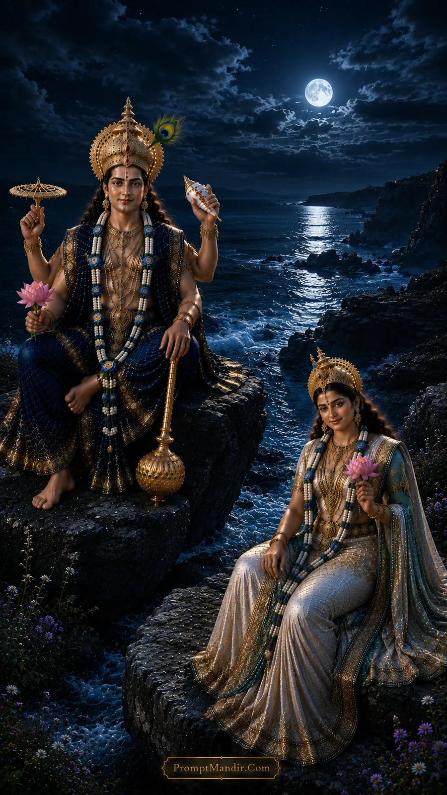 Lord Vishnu and Goddess Lakshmi seated on separate rocks by a moonlit ocean, holding lotus flowers, wearing blue and silver outfits and peacock feather crowns.