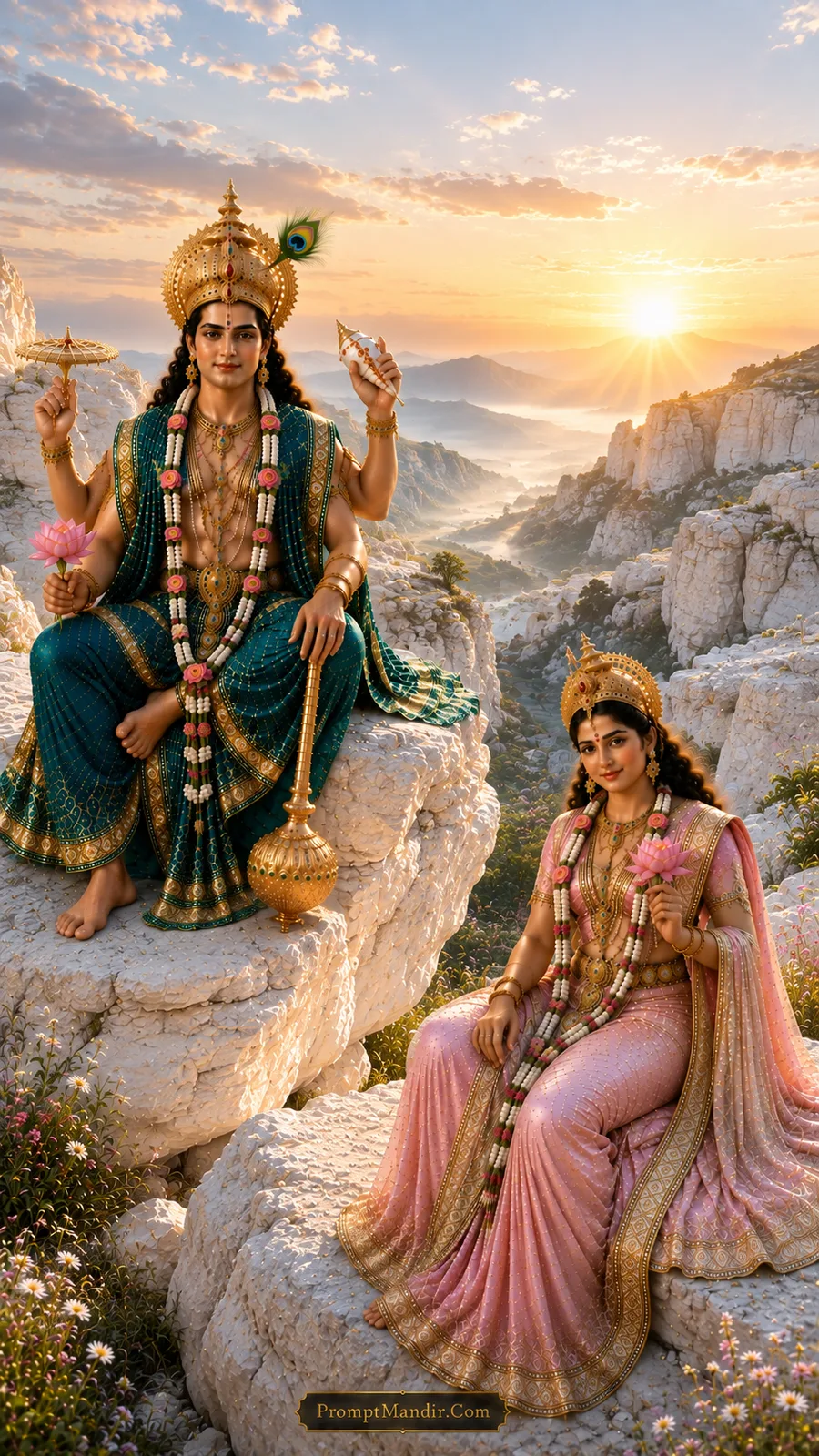Lord Vishnu and Goddess Lakshmi seated on separate rocks on white cliffs, holding lotus flowers, wearing teal and pink outfits and peacock feather crowns.