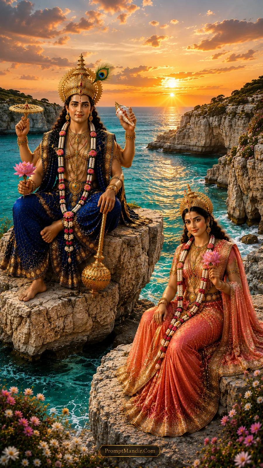 Lord Vishnu and Goddess Lakshmi seated on separate rocks by a turquoise ocean, holding lotus flowers, wearing blue and orange outfits and peacock feather crowns.